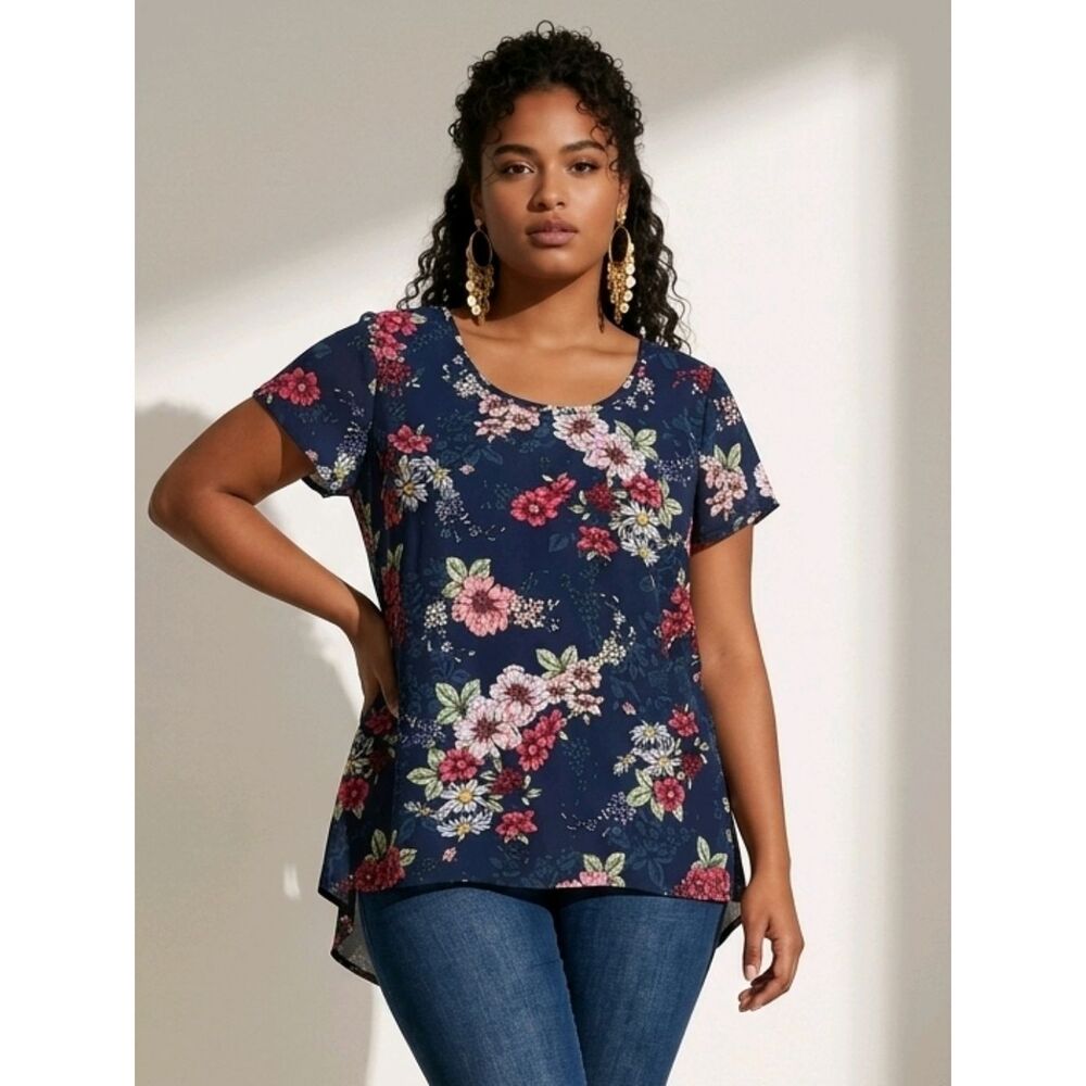 Torrid Watercolor Peonies Navy Floral Georgette Pleated Back Blouse 0 L 12 Moody
